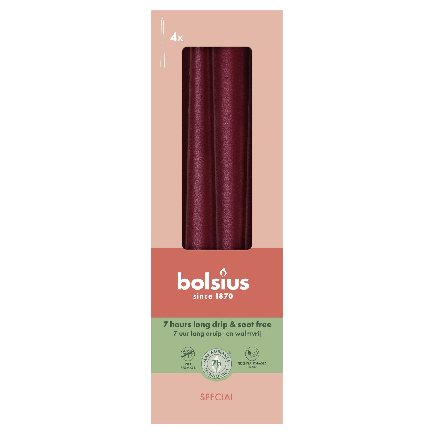 Свечи Bolsius столовые 24,5х2,4 см, красный металлик, 4 шт
