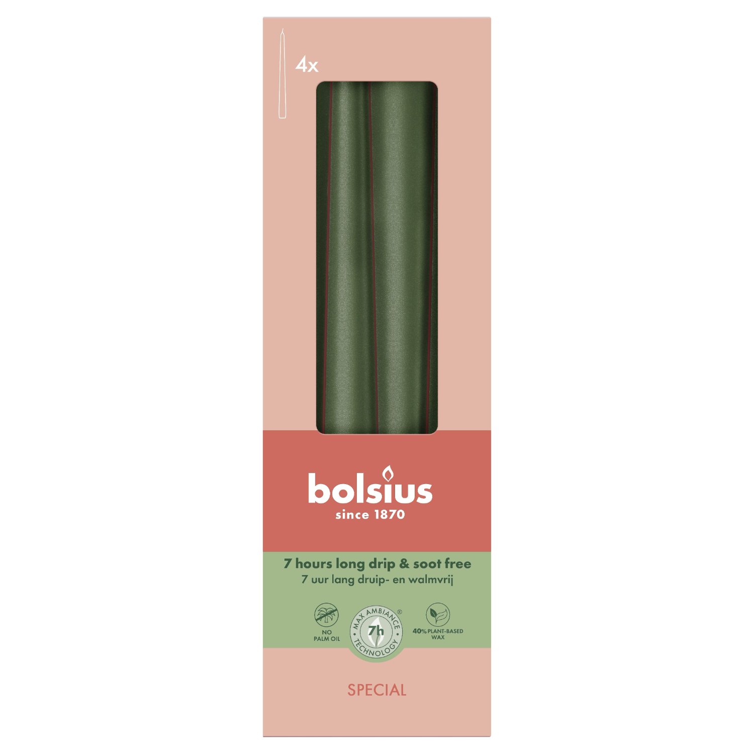 Свечи Bolsius столовые 24,5х2,4 см, зелёный металлик, 4 шт