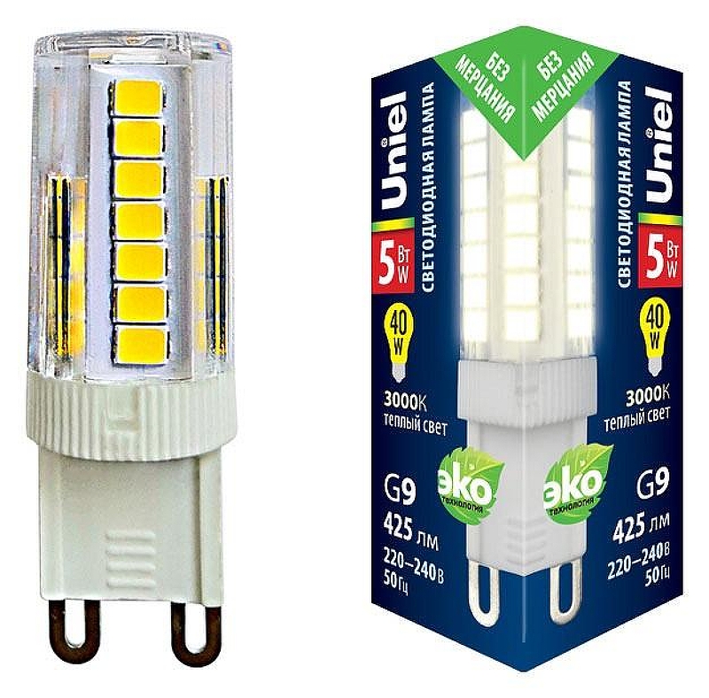 Светодиодная лампа Uniel LED-JCD-5W/3000K/G9/CL GLZ09TR картон IP20
