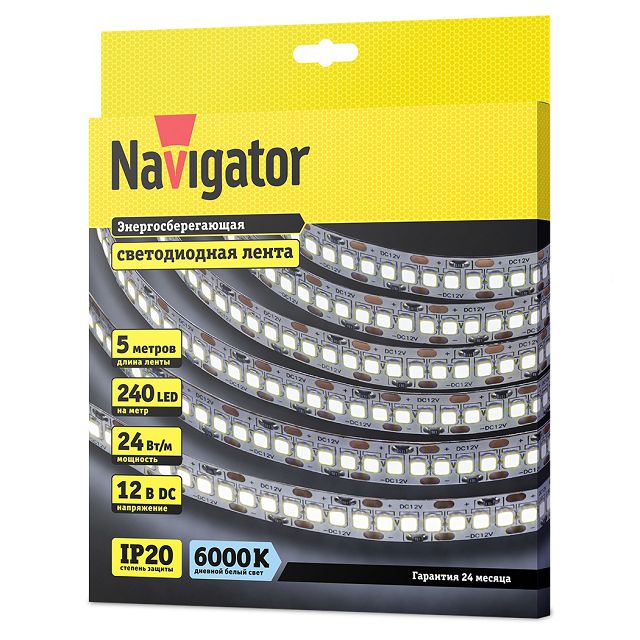 светодиодная лента NAVIGATOR 240 LED/м 24Вт IP20 готовая 5м дневной белый свет