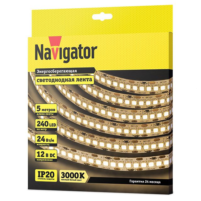 светодиодная лента NAVIGATOR 240 LED/м 24Вт IP20 готовая 5м теплый белый свет