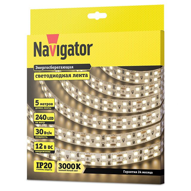 светодиодная лента NAVIGATOR 240 LED/м 30Вт IP20 готовая 5м теплый белый свет