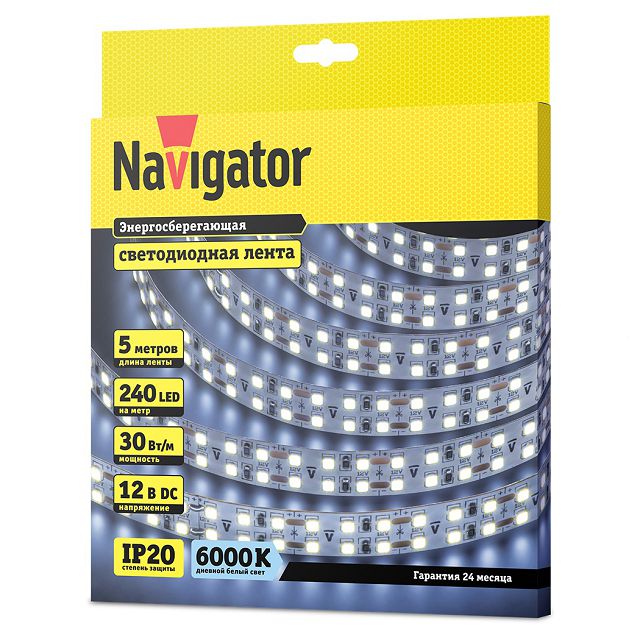 светодиодная лента NAVIGATOR 240 LED/м 30Вт IP20 готовая 5м дневной белый свет