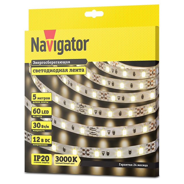 светодиодная лента NAVIGATOR 60 LED/м 12В 30Вт IP20 готовая 5м теплый свет