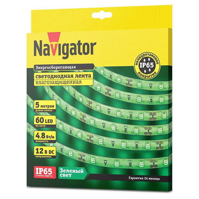 светодиодная лента NAVIGATOR 60 LED/м 48Вт IP65 готовая 5м зеленая