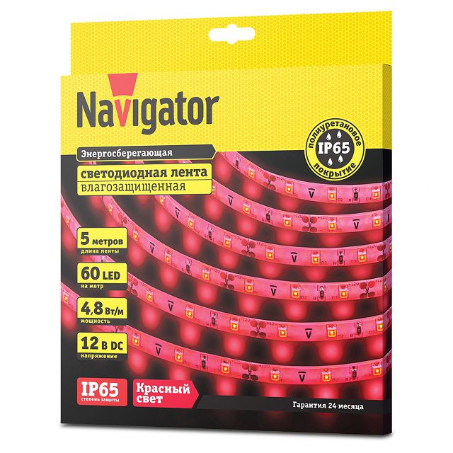 светодиодная лента NAVIGATOR 60 LED/м 48Вт IP65 готовая 5м красная