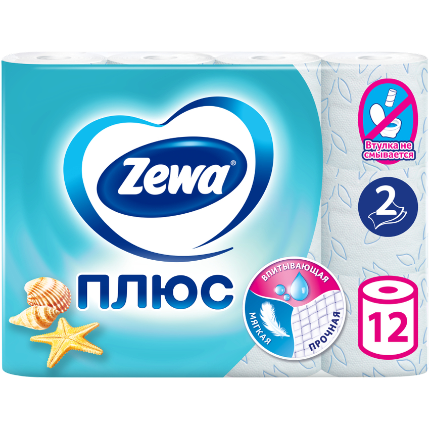 Туалетная бумага Zewa Плюс Свежесть Океана, 2 слоя, 12 рулонов