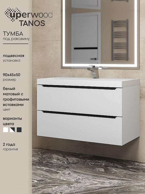 Тумба под раковину Uperwood Tanos 90 2930205143 подвесная цвет Белый матовый Графит матовый