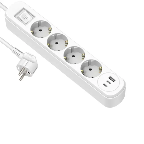 Удлинитель бытовой Electraline 3x1 1.5 м 4 розетки с заземлением 3680 Вт с креплением, выключателем и USB цвет белый