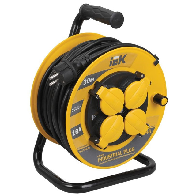 удлинитель на катушке IEK Industrial plus 4 гнезда 30м 3х1,5мм2 IP44 желтый