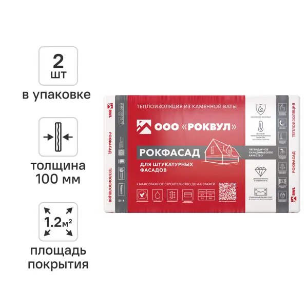 Утеплитель Роквул Рокфасад 100 мм 2 шт 600x1000 мм 1.2 м²