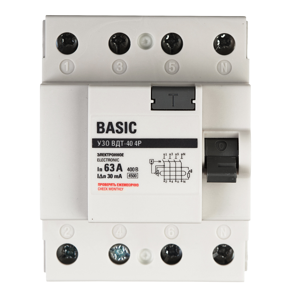 УЗО EKF Basic ВДТ-40 63А 3P+N тип AC 30 мА 4,5 кА (elcb-4-63-30e-sim)
