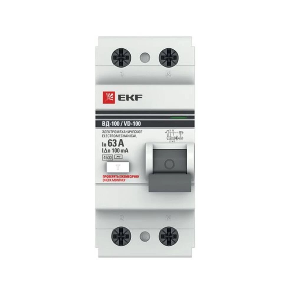 УЗО EKF PROxima ВД-100N 63А 2P тип AC 100 мА 6 кА (E1026M63100)