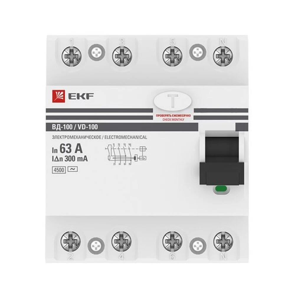 УЗО EKF PROxima ВД-100N 63А 4P тип AC 300 мА 6 кА (E1046M63300)