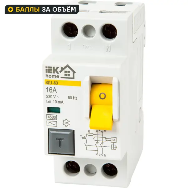 УЗО Iek Home ВД1-63 1P N 16 A 10 мА 4.5 кА AC MDV10-2-016-010