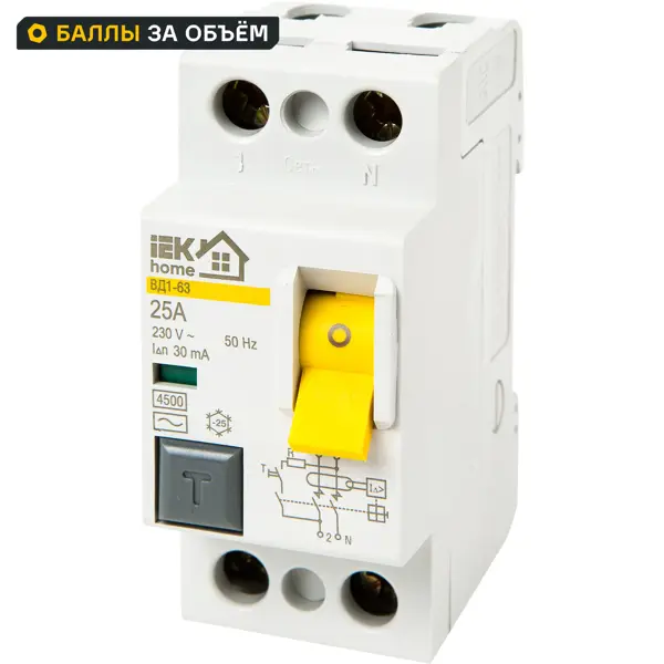 УЗО IEK Home ВД1-63 1P N 25 А 30 мА 4.5 кА AC MDV10-2-025-030
