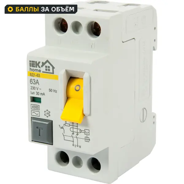 УЗО IEK Home ВД1-63 1P N 63 А 30 мА 4.5 кА AC MDV10-2-063-030