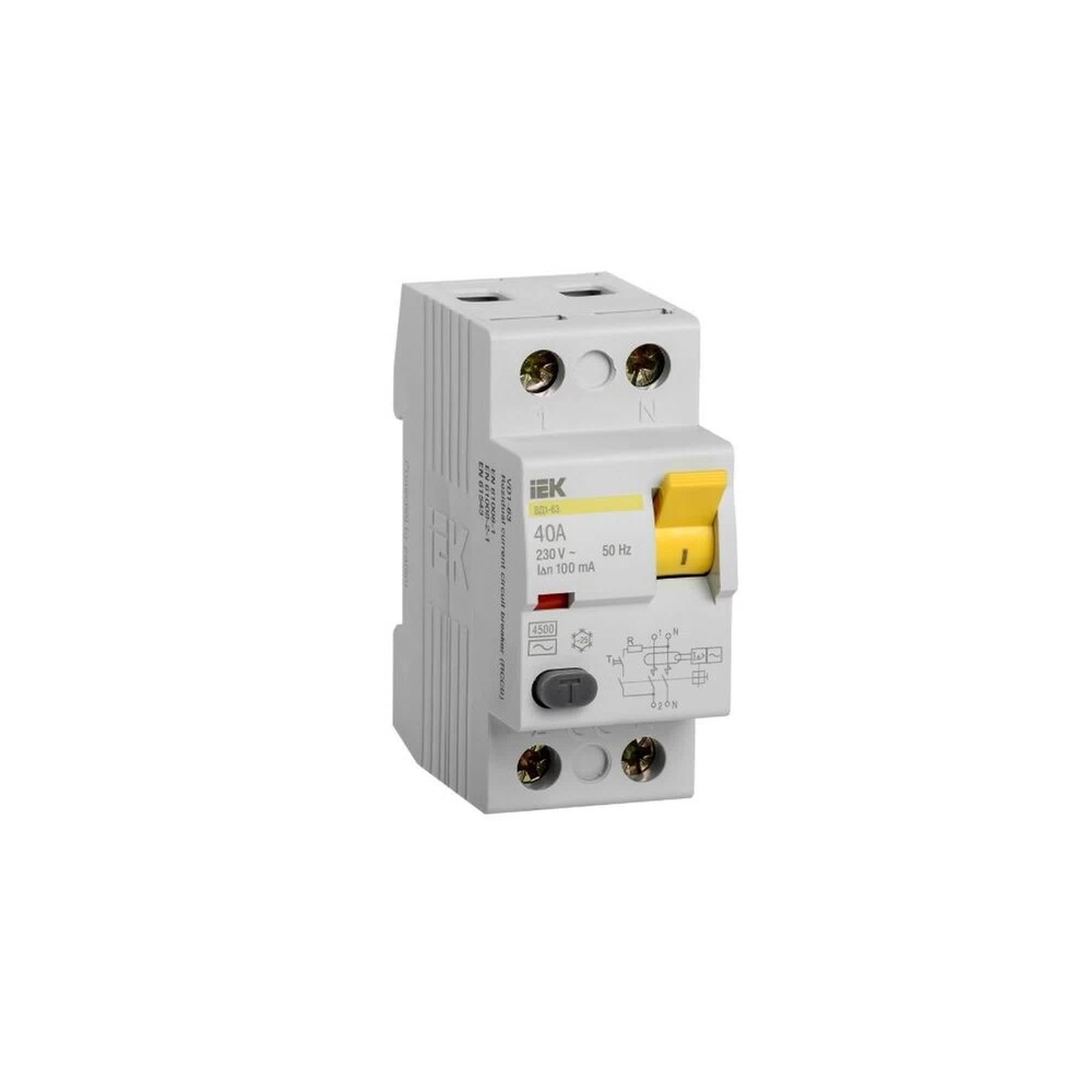 УЗО IEK ВД1-63 40А 1P+N тип AC 100 мА 4,5 кА (MDV10-2-040-100)