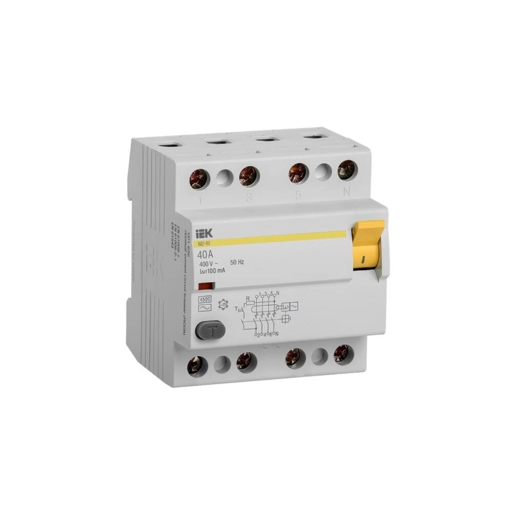 УЗО IEK ВД1-63 40А 3P+N тип AC 100 мА 4,5 кА (MDV10-4-040-100)
