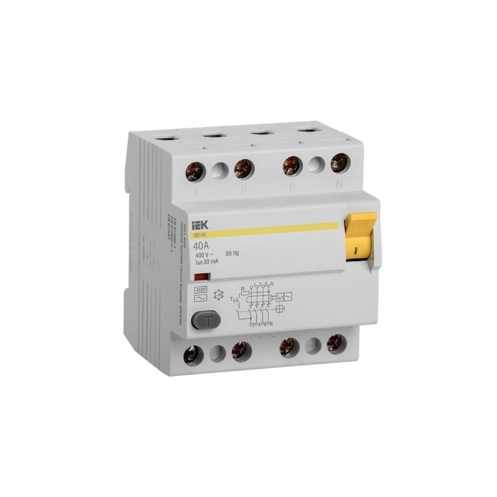 УЗО IEK ВД1-63 40А 3P+N тип AC 30 мА 4,5 кА (MDV10-4-040-030)