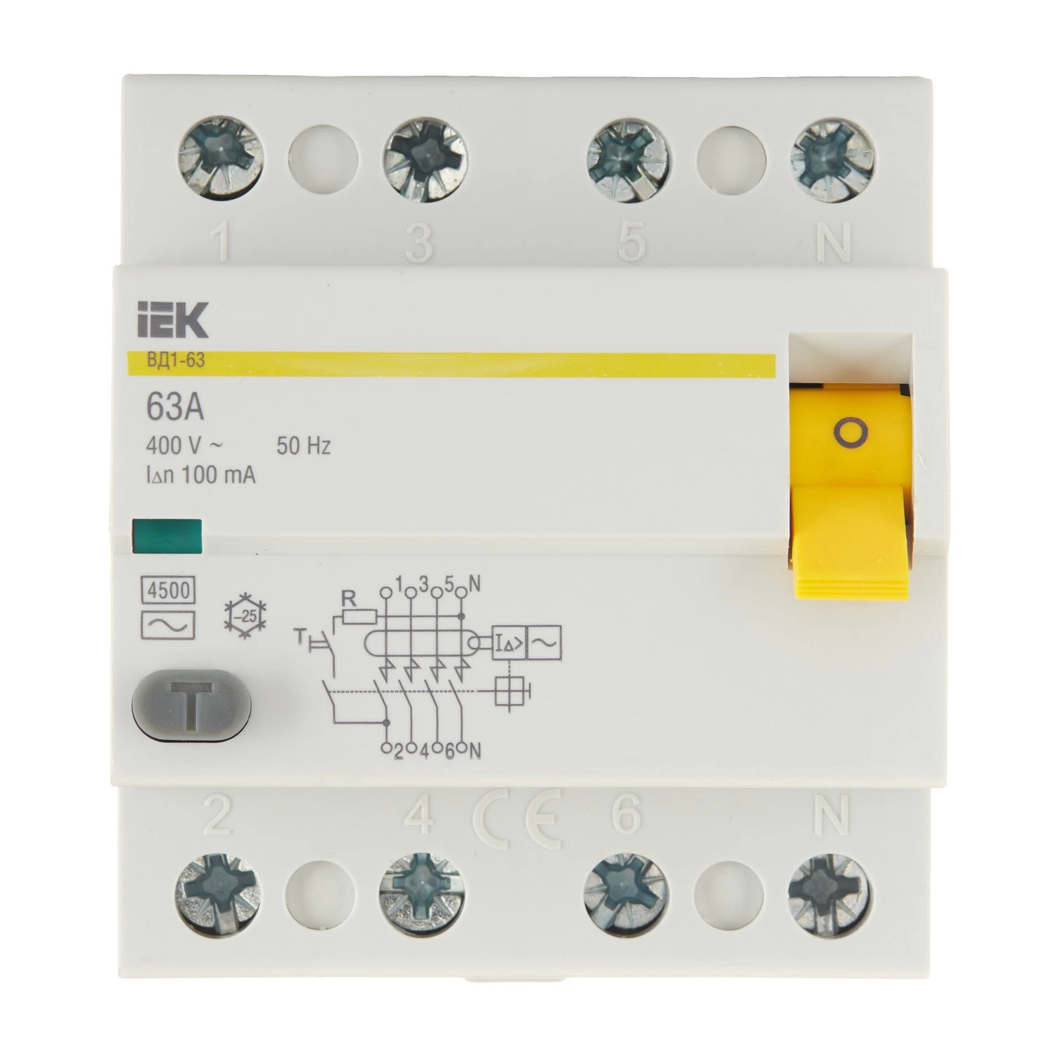 УЗО IEK ВД1-63 63А 3P+N тип AC 100 мА 4,5 кА (MDV10-4-063-100)