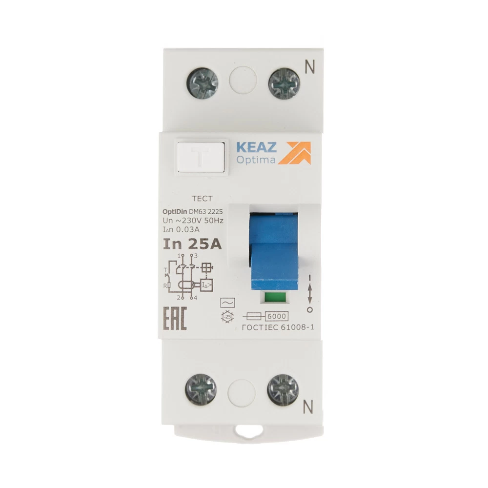 УЗО КЭАЗ OptiDin DM63 25А 1P+N тип AC 30 мА 6 кА (254166)