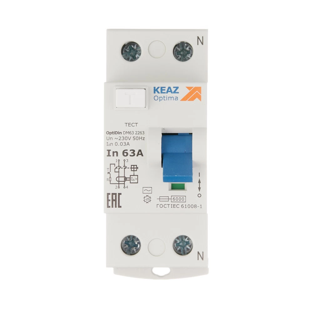 УЗО КЭАЗ OptiDin DM63 63А 1P+N тип AC 30 мА 6 кА (254186)