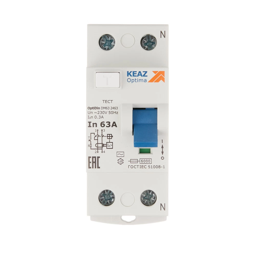 УЗО КЭАЗ OptiDin DM63 63А 1P+N тип AC 300 мА 6 кА (254188)