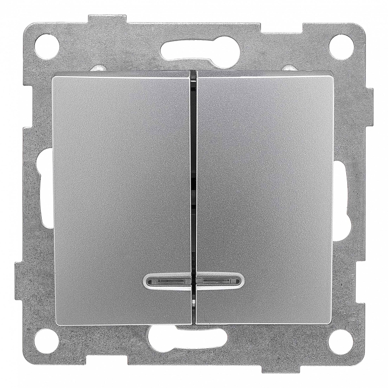 Выключатель двухклавишный с подсветкой без рамки Gusi Electric BRAVO С10В28-004 цвет Серебро