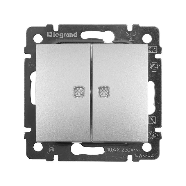 выключатель LEGRAND Valena 2-клавишный с подсветкой IP20 алюминий