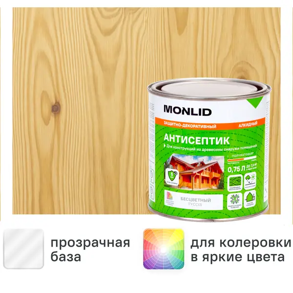 Защитно-декоративный антисептик лессирующий MONLID полуматовый прозрачный 0.75 л