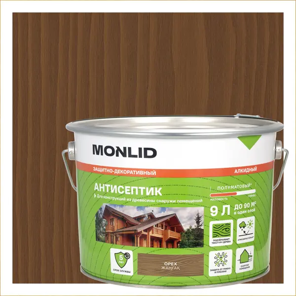 Защитно-декоративный антисептик лессирующий MONLID полуматовый орех 9 л