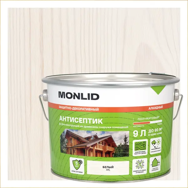 Защитно-декоративный антисептик лессирующий MONLID полуматовый белый 9 л