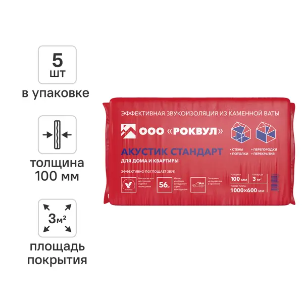 Звукоизоляция Роквул Акустик 100 мм 5 шт 600x1000 мм 3 м²